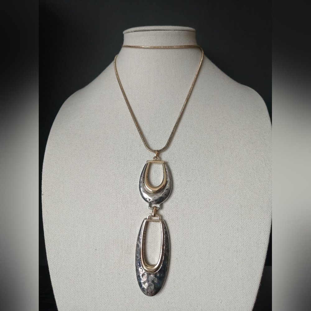 Modernist Necklace Mixed Metal Polished Gold Hammered Silver Pendant
